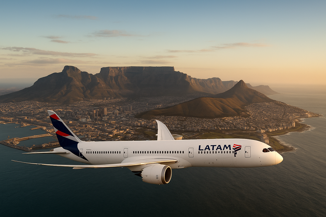 Avião da LATAM 787-9 voando sobre a Cidade do Cabo com a Table Mountain ao fundo ao entardecer.