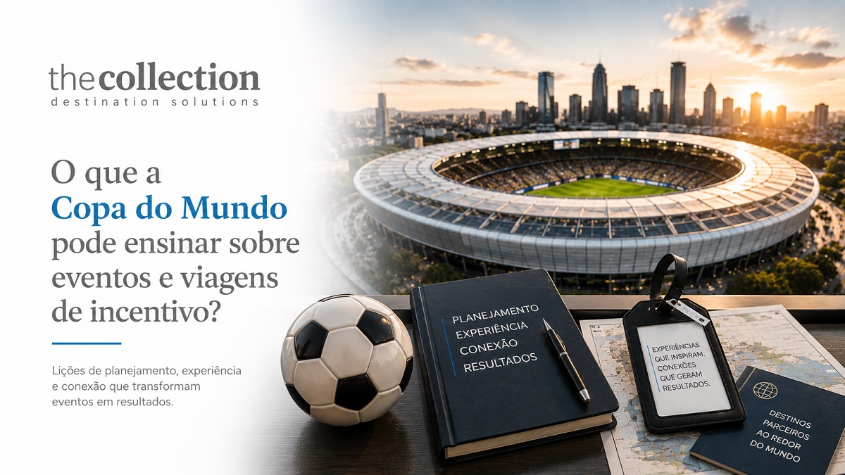 Estádio de futebol moderno com materiais de planejamento corporativo, representando os ensinamentos da Copa do Mundo para eventos e viagens de incentivo.